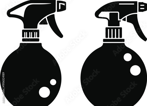 Two spray bottles with different nozzle designs and liquid levels isolated on white background, Vector, illustration