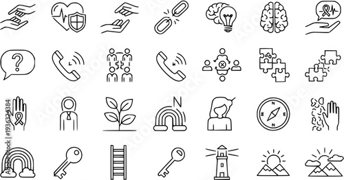 Minimal Line Vector Icons Set: Support, Health, Brainstorming, Nature