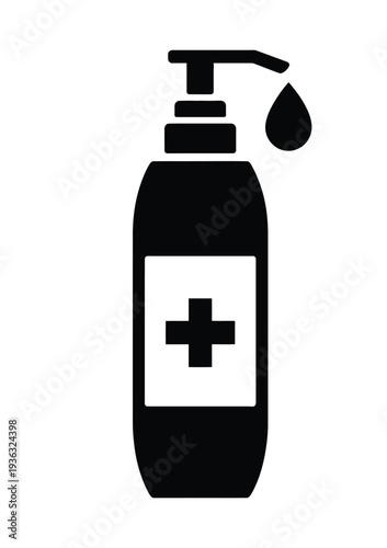 A black and white illustration of a hand sanitizer bottle with a cross symbol. isolated on white background, Vector, illustration