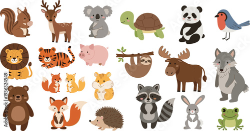 Photography Cute Wild Animals Cartoon Set – Lion Tiger Bear Panda Deer Wolf Fox Rabbit Racco
