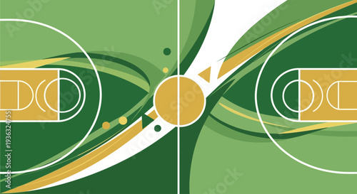 Abstract basketball court vector illustration with green and yellow color scheme, creating a dynamic and modern sports background