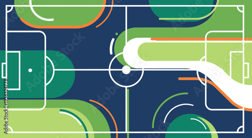 Abstract flat vector football field layout with vibrant green and blue hues, showcasing modern sports graphics and tactical play elements for digital design