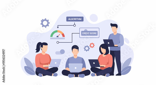 Group of people collaborating on a project using laptops and technology.