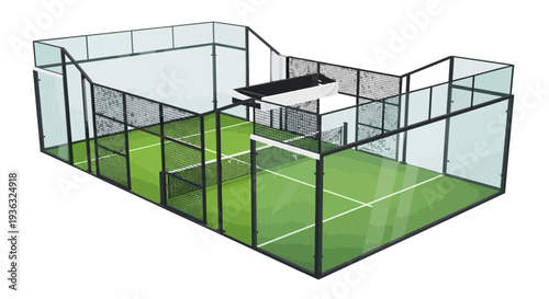 Detailed 3D vector illustration of a modern padel tennis court with transparent glass walls and vibrant green turf, perfect for sports design projects and architectural visualizations