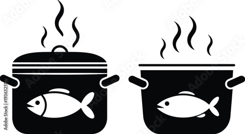 Two pots of fish stew with steam rising from them on a stove isolated on white background, Vector, illustration