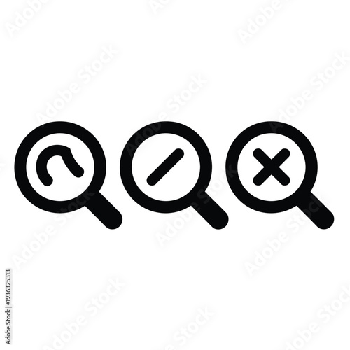 Three magnifying glasses with different symbols indicating search results isolated on white background, Vector, illustration