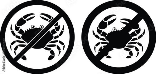 Two black and white scorpion symbols on a white background with a red circle and a diagonal line through them. isolated on white background, Vector, illustration