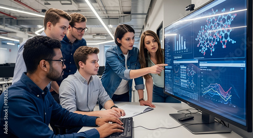 Diverse team collaborating on data analysis and scientific research using a large monitor in a modern tech office