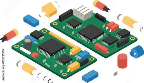 Isometric Electronic Circuit Board Vector Illustration with PCB Components and Microchip Layout