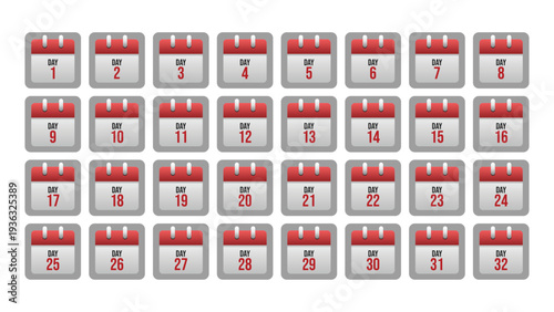 Thirty identical grey calendar icons with red headers displaying dates from 1 to 30 arranged in a grid pattern on a plain white background viewed from directly above