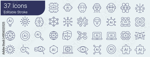 Collection of 37 editable stroke icons representing artificial intelligence and technology concepts.