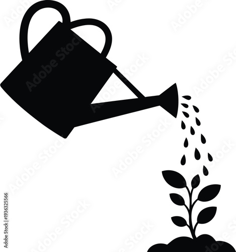 A black and white illustration of a watering can pouring water onto a small plant. isolated on white background, Vector, illustration