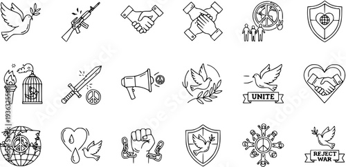 Peace, Anti-War  Unity Vector Line Icons Set