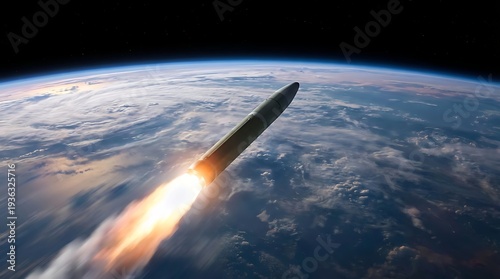Rocket launching into space above Earth's atmosphere with fiery trail