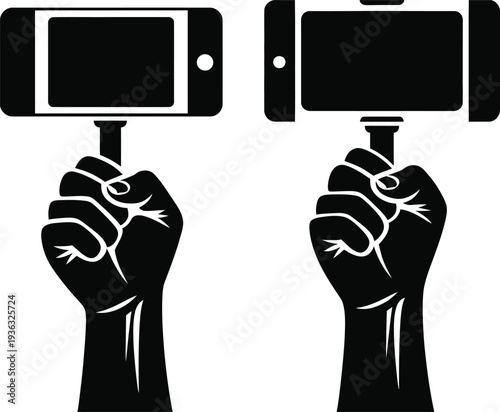 Two fists holding smartphones with black screens in a protest symbol isolated on white background, Vector, illustration