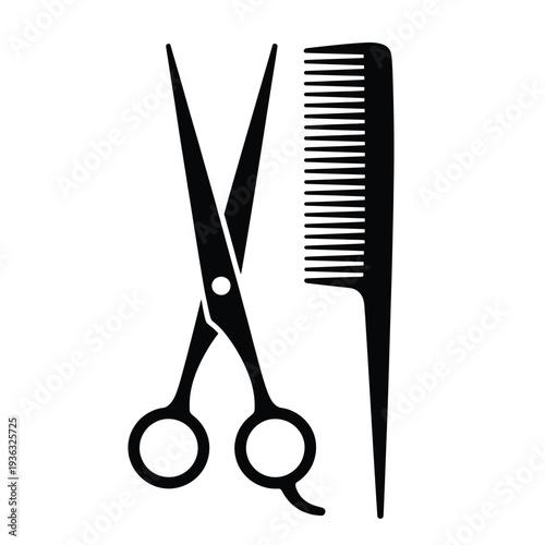 A pair of scissors and a comb, essential tools for hairdressing and grooming. isolated on white background, Vector, illustration