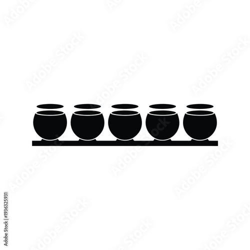 Five black ceramic pots lined up on a white surface with a black background isolated on white background, Vector, illustration