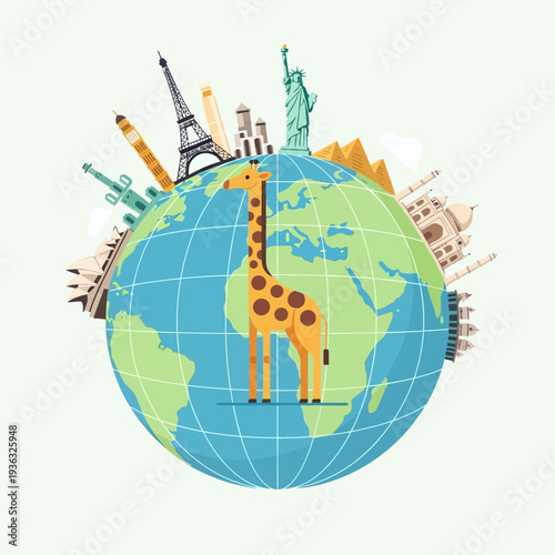 Giraffe on Earth with Famous Landmarks: Travel and Exploration Concept