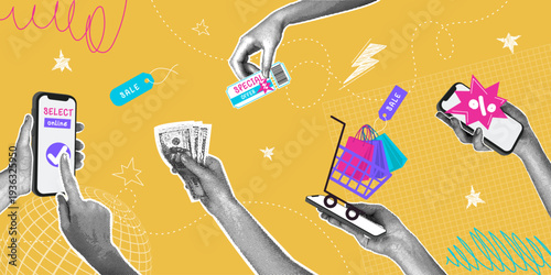 E-commerce and online store. Trendy halftone collage. Concept for an online store, mobile website, or shopping app. Stylish modern design of a discount promotional poster. Vector illustration.