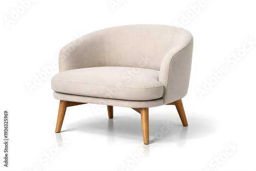 Modern Lounge Chair with Curved Backrest Soft Beige Fabric Upholstery Wooden Legs Studio Isolated