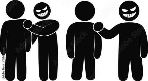 Four people standing together with one person holding a smiley face balloon isolated on white background, Vector, illustration