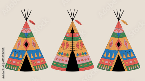 Three colorful teepees with vibrant patterns and feathers on a beige background traditional native american dwellings