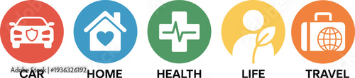 Colorful vector icons representing car, home, health, life, and travel insurance categories for financial, safety, and business themes.