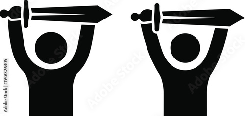 Two people holding up swords in a celebratory manner. isolated on white background, Vector, illustration