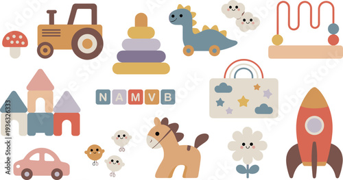 Cute minimalist children toys vector collection, wooden toys, dinosaur, tractor, rocket, castle blocks, stacking rings, car nursery illustration