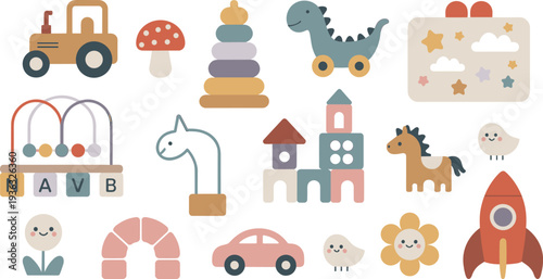 Cute minimalist children toys vector set, wooden toys, dinosaur, tractor, rocket, stacking rings, castle, horse, car illustration