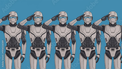 Five futuristic robots saluting in unison against a blue background with metallic bodies