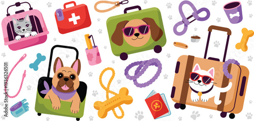 Pet travel accessories vector collection, dogs, cats, luggage, carrier, leash, passport, sunglasses, bone, veterinary kit, cute illustration