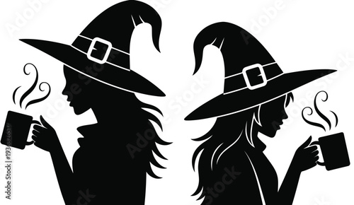 Two witches with black hats and brooms in a playful pose. isolated on white background, Vector, illustration