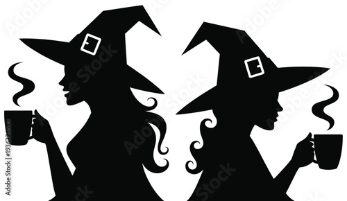 Two witches with pointed hats and brooms standing side by side in silhouette isolated on white background, Vector, illustration