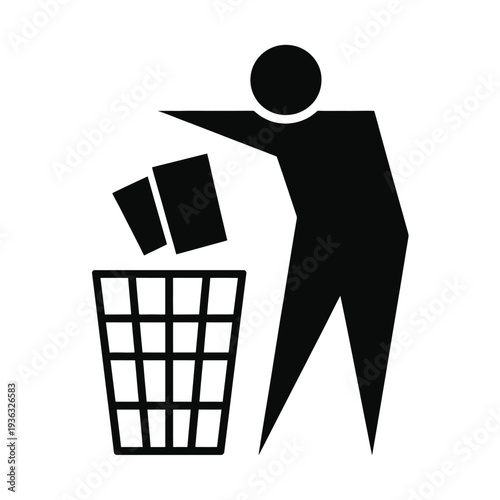 A person throwing away a stack of papers into a trash can. isolated on white background, Vector, illustration