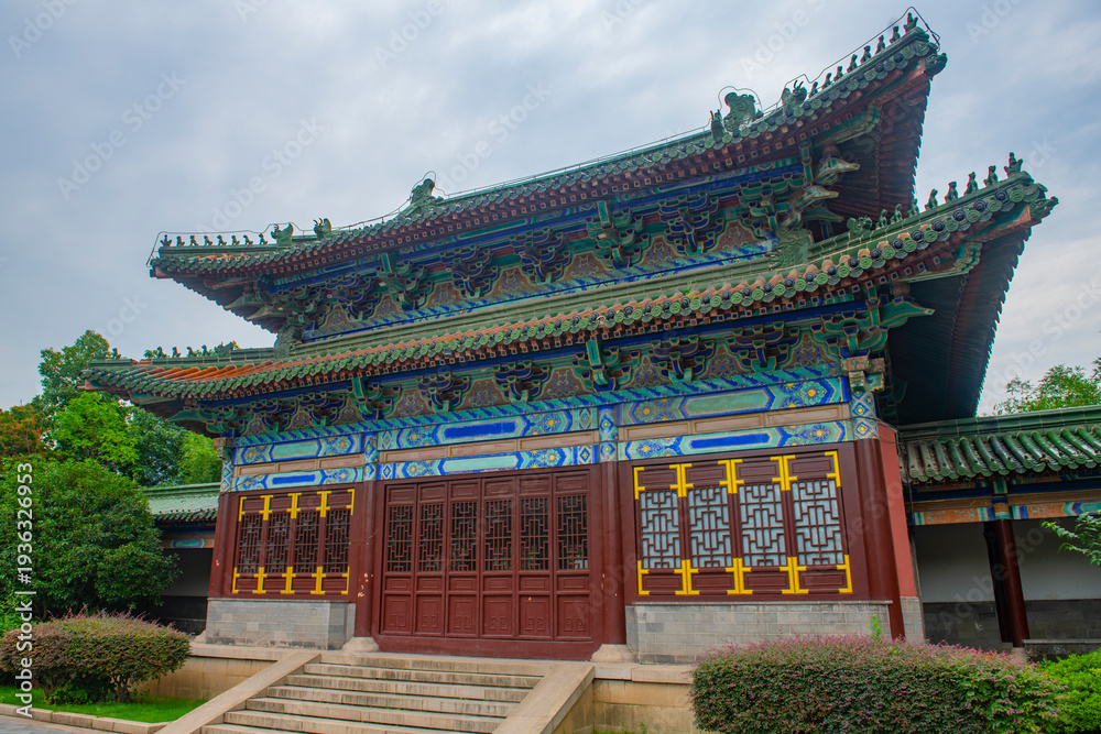 Naklejka premium Historic antique buildings in Shizi Mountain near Yuejiang Tower in northwest of downtown Nanjing City, Jiangsu Province, China. 
