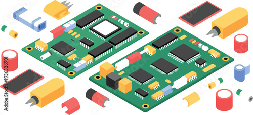 Isometric Electronic Circuit Board Vector Illustration with PCB Components and Microchip Layout