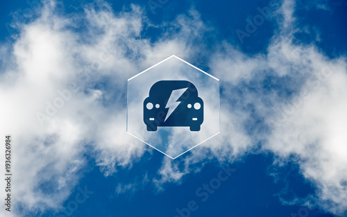 Electric car icon on glass hexagon for sustainable transport and mobility of the future