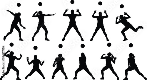 Silhouetted figures, ball interaction, dynamic poses, throwing, catching, reacting, athletic movement, sports illustration, physical coordination, exercise design, outdoor activity