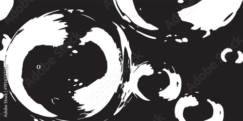 Abstract Zen Enso Circles Brush Strokes on Black Background.