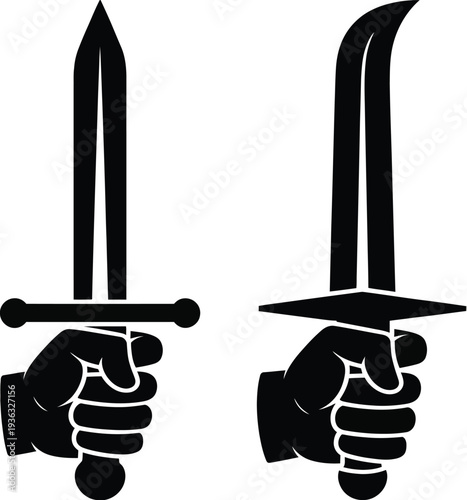 Two hands holding swords in a symmetrical and powerful pose. isolated on white background, Vector, illustration