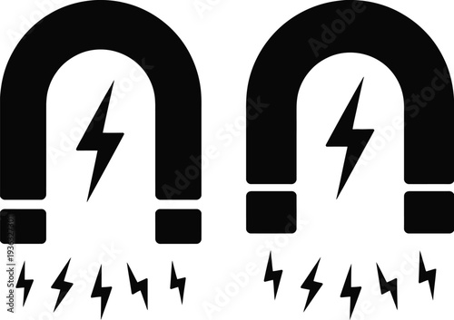 Two magnets with lightning bolts and arrows indicating magnetic field direction isolated on white background, Vector, illustration