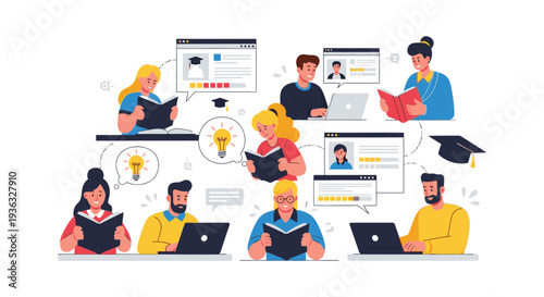 Illustration of diverse people studying and working on laptops with thought bubbles and online learning resources in a colorful flat lay composition.