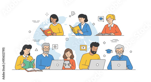 Illustration of diverse people collaborating and studying with laptops and books in a thought bubble composition with a clean white background.