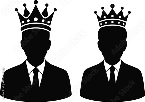 Two silhouetted figures wearing crowns and formal attire standing side by side isolated on white background, Vector, illustration