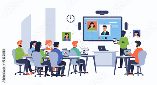Illustration of a diverse team collaborating in a meeting with laptops and a large screen display in a modern office setting with a professional mood.