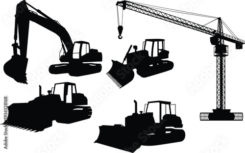 Construction machinery silhouettes set with excavator, bulldozer and tower crane, heavy equipment vector illustration isolated on white background