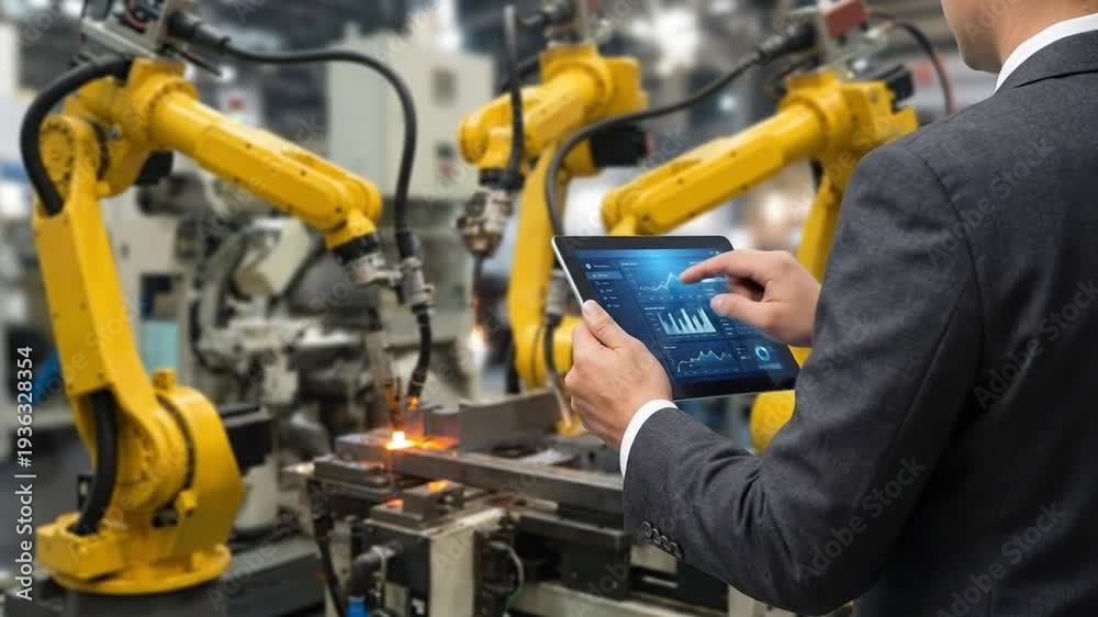 custom made wallpaper toronto digitalEngineer using digital tablet to manage robotic arms in smart factory, displaying real-time production data and automation analytics.