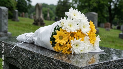 Bouquet of white and yellow chrysanthemums on gravestone. Cemetery memorial tribute for remembrance day. Funeral flowers honoring deceased in green burial ground
