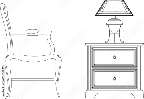 Antique Upholstered Armchair and Classic Wooden Table with Lamp Architectural Furniture Blueprint